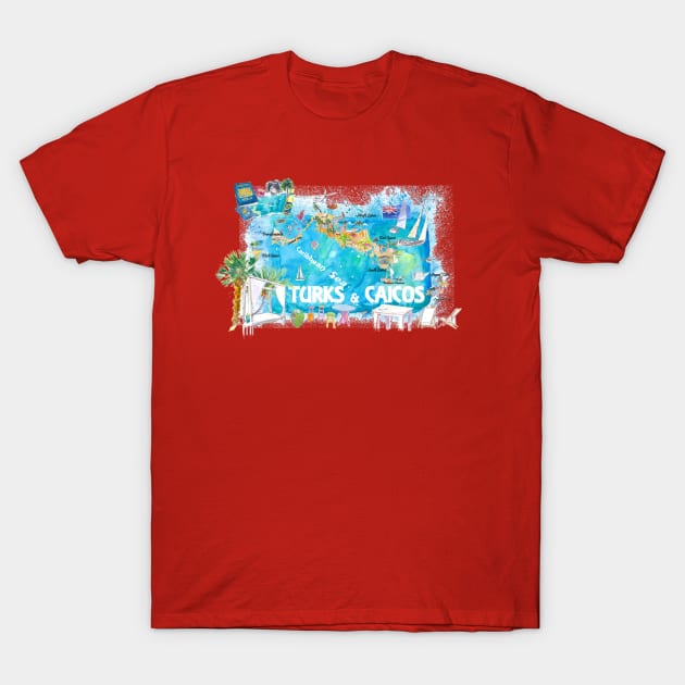 Turks Caicos Illustrated Travel Map with Roads and Highlights T-Shirt by artshop77